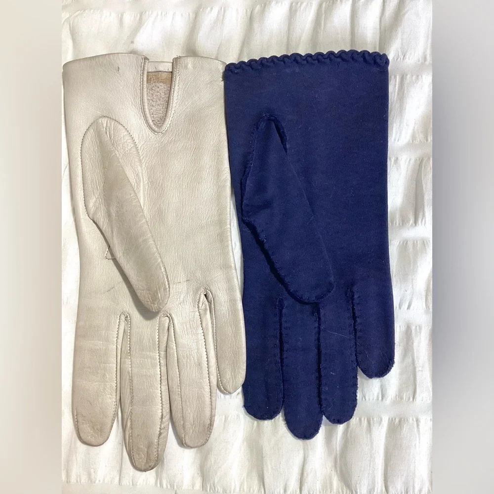 Womens Vtg Set Of Gloves Small Eyelet Cutout Leather & French Knot Fabric
